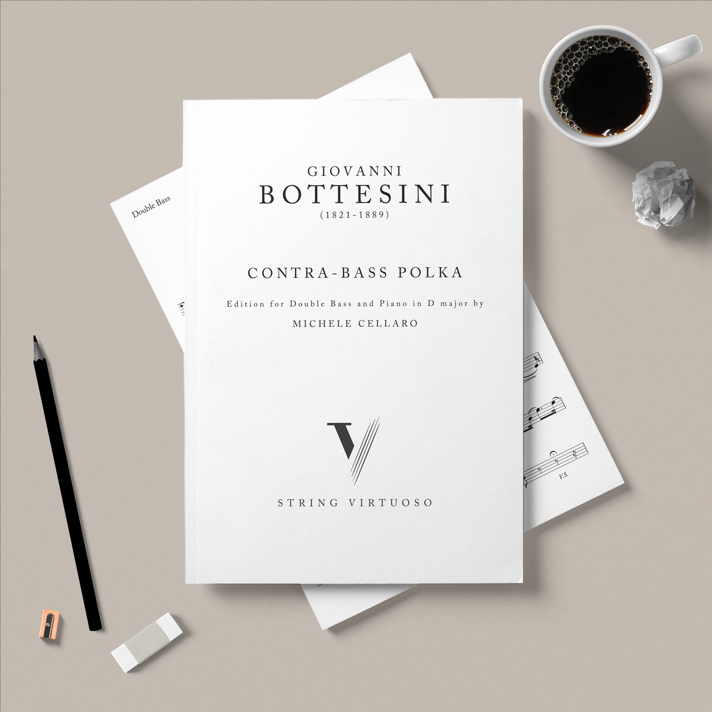 PDF sheet music of Bottesini's Contra-Bass Polka, edition for double bass and piano in D major by Michele Cellaro, laid on a beige table with coffee cup and pen.