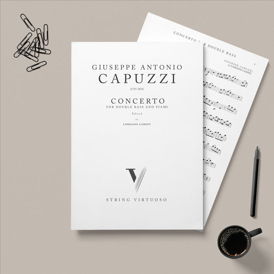 PDF sheet music bu Giuseppe Antonio Capuzzi on Concerto for double bass and piano, edition by Lorraine Campet. Laid on a beige background with paper clips, a pen and a cup coffee.