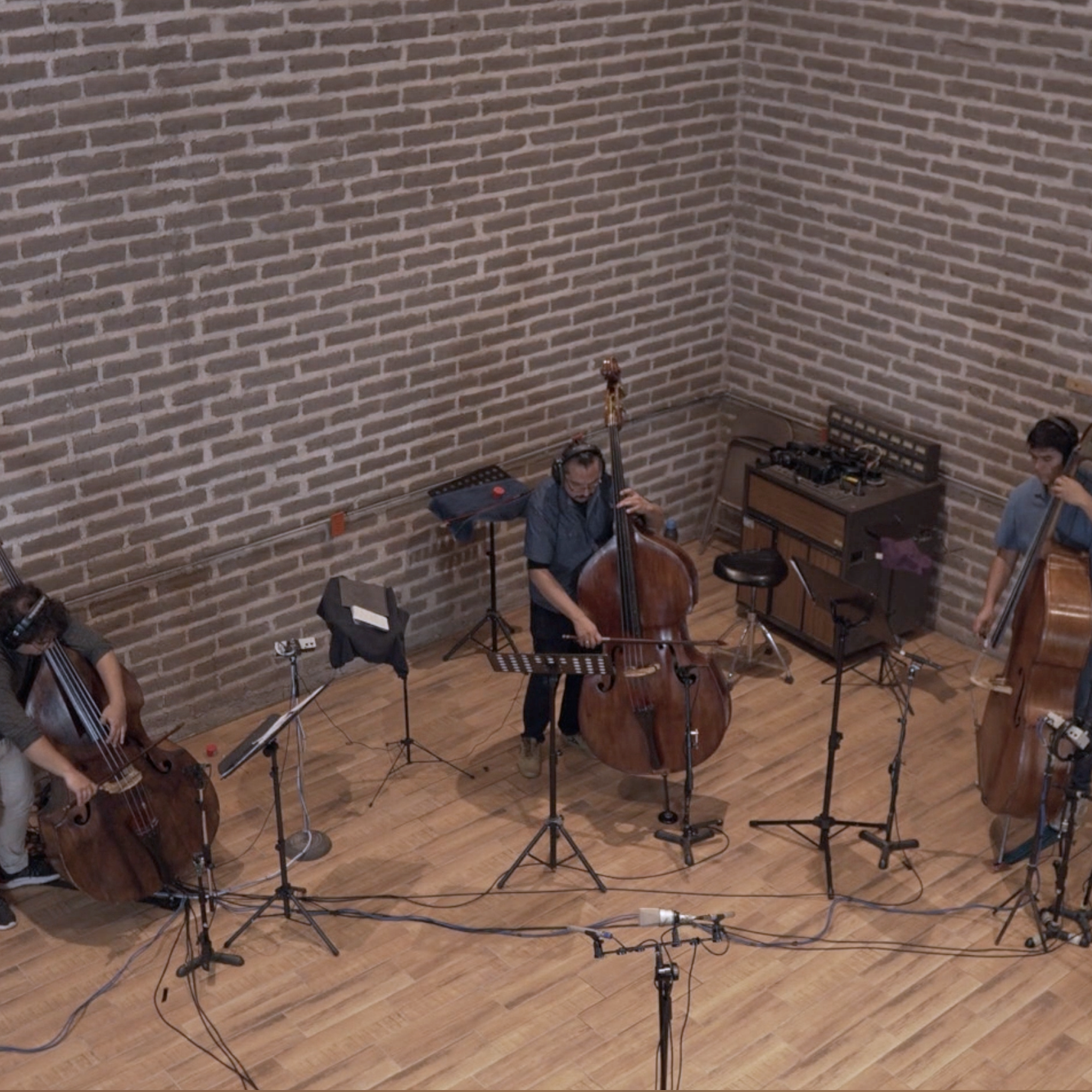 A performance by Mata featuring a double bass quartet on a stage with brick wall backdrop, microphones, and stands.