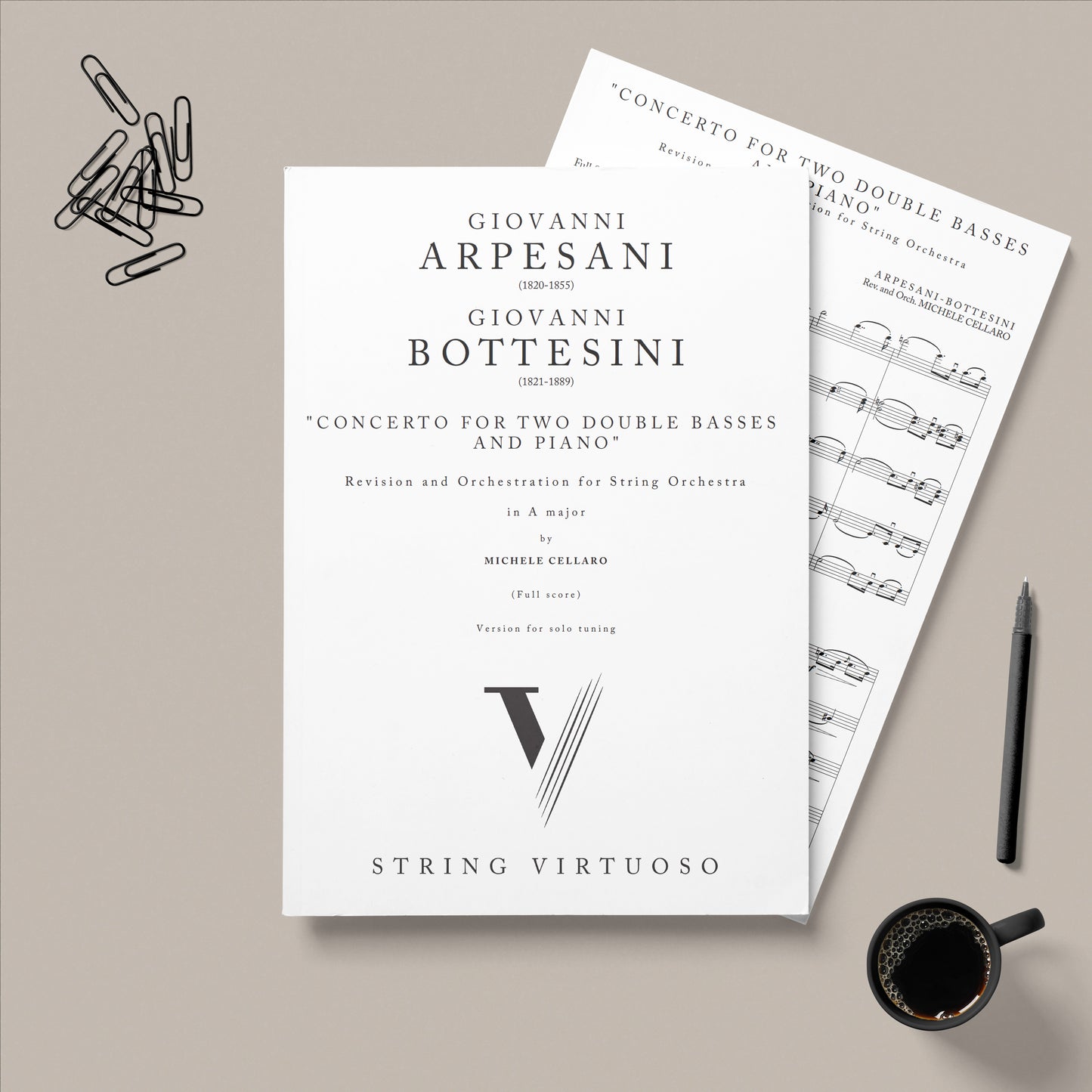 Music sheet for 'Concerto for Two Double Basses and Piano' by Giovanni Bottesini on a gray background with a pen and coffee cup.