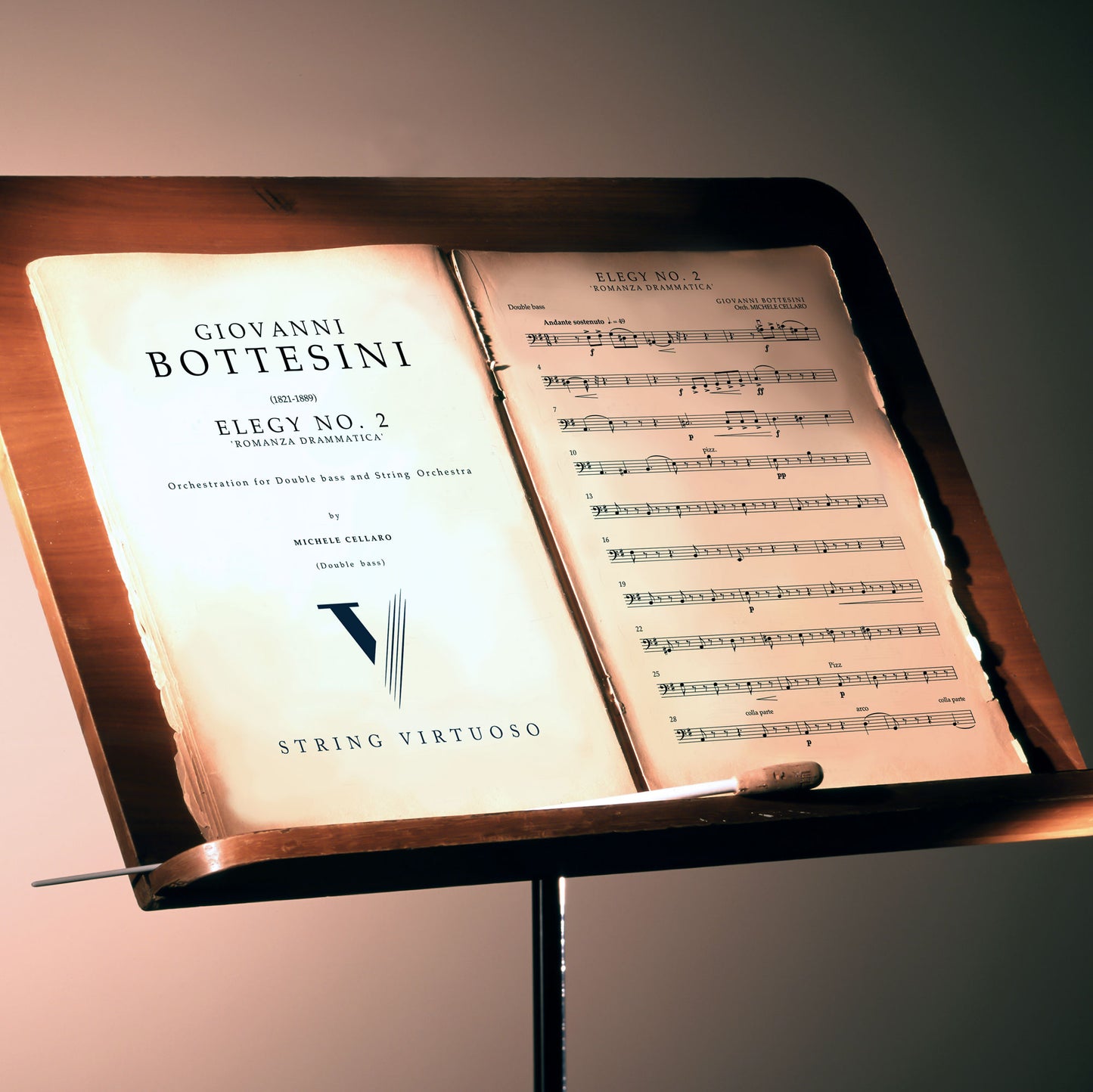 Sheet music on Giovanni Bottesini's Elegy No. 2 (Romanza Drammatica) orchestration for double bass and string quartet by Michele Cellaro.