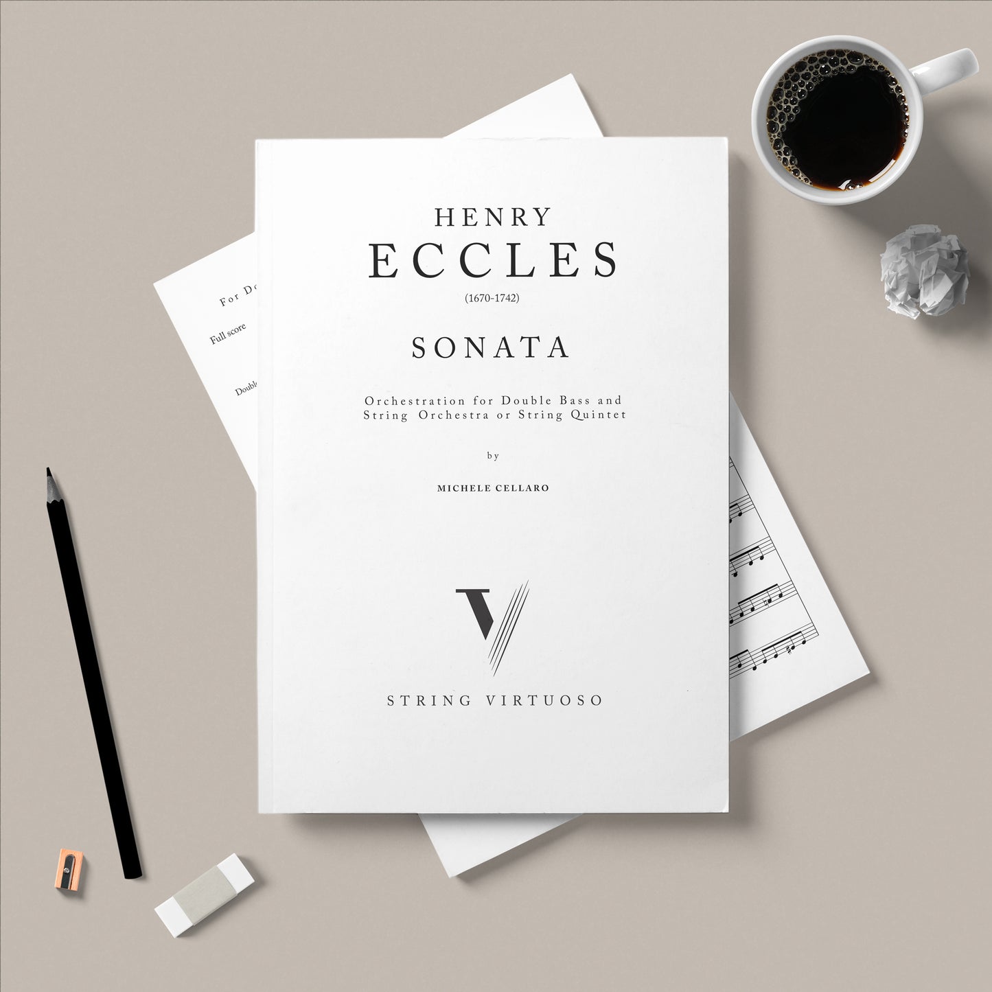 Sheet music by Henry Eccles's Sonata, orchestration for double bass and string quartet by Michele Cellaro. Displayed on a beige background with stationary.