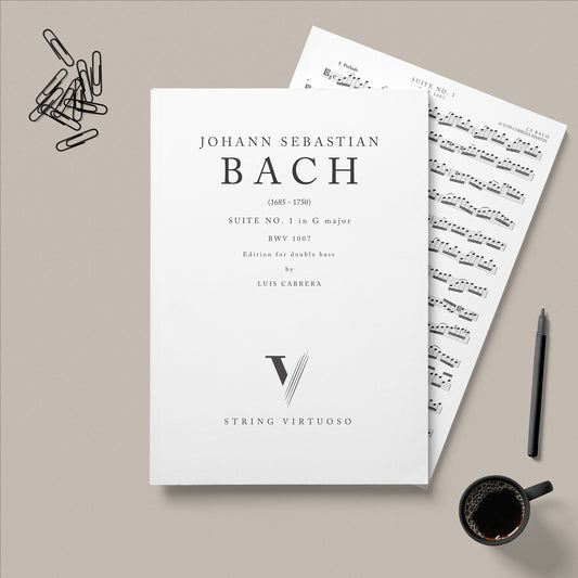 PDF Sheet music by Bach JS, Suite No.1 in G major for double bass edition Luis Cabrera Martin. Laid on a beige background with paper clips, a pen and a cup of coffee.