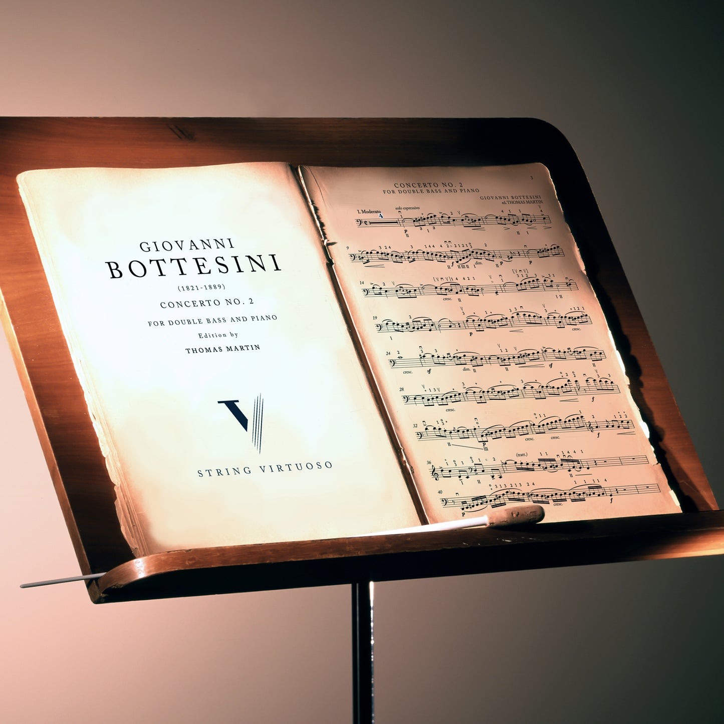 A open book-style sheet music holder with sheet music pages, displaying the title 'Bottesini Concerto No. 2' and the editor's name 'Thomas Martin'.
