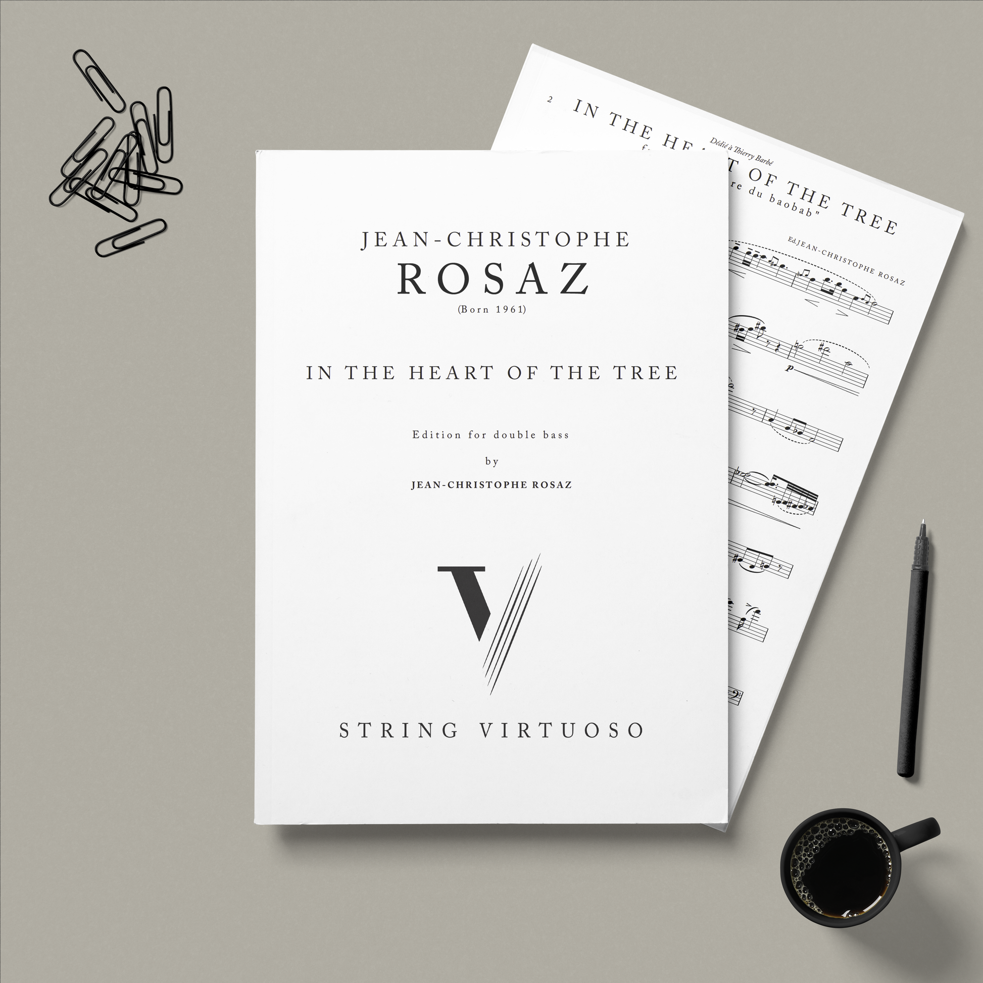 Sheet Music preview for 'In the Heart of the Tree' by Jean-Christophe Rosaz on a grey / beige background with a pen and coffee cup.