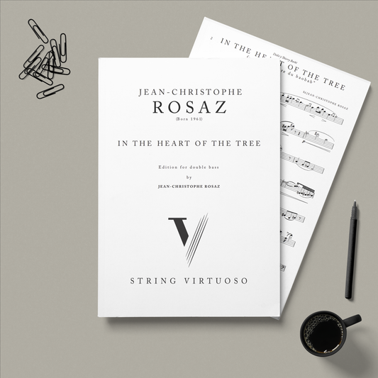 Sheet Music preview for 'In the Heart of the Tree' by Jean-Christophe Rosaz on a grey / beige background with a pen and coffee cup.