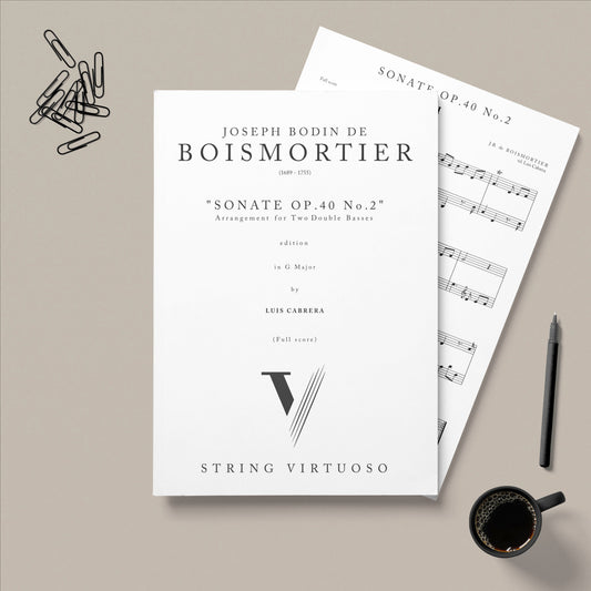 Sheet music of Boismortier's Sonata for two double bases by Luis Cabrera Martin on a beige background.