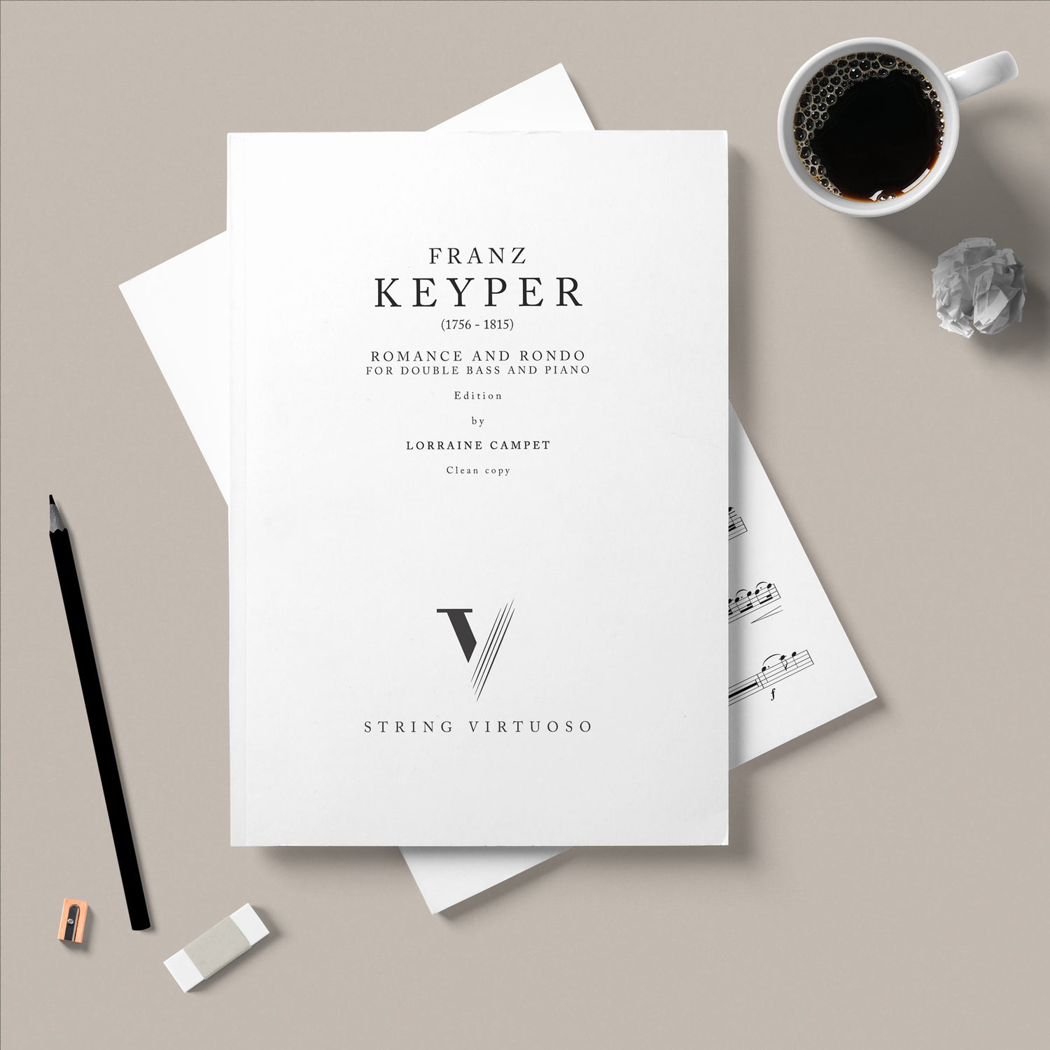 PDF sheet music titled 'FRANZ KEYPER' on Romance and Rondo by Lorraine Campet on a desk with a cup of coffee, pencil, and eraser.