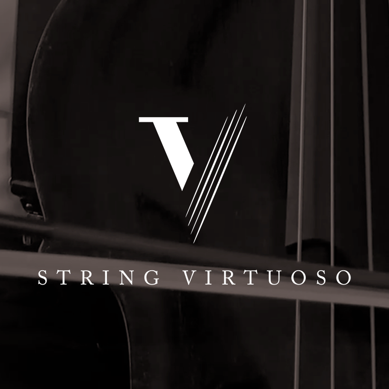 A close-up image of a double bass,  with the "STRING VIRTUOSO' logo prominently displayed.